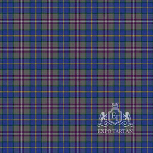 Men's Deeside Plaid Swatch showing a grey and royal blue sett, intricately intersected by purple and golden-yellow overcheck