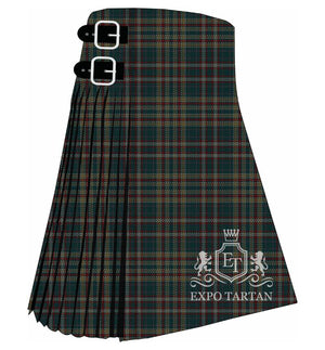 Men's Delmarva Tartan Kilt showing traditional knife pleats and black leather side straps in a deep forest green and charcoal sett, intricately intersected by golden-brown and subtle red overcheck