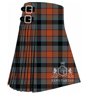 Men's Disability Advocate Tartan Kilt showing traditional knife pleats and black leather side straps in a warm rust-brown and grey sett, intricately intersected by electric blue and deep black overcheck