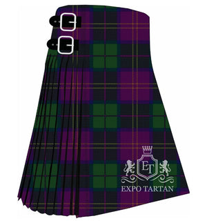 Men's Discover Islay Tartan Kilt showing traditional knife pleats and black leather side straps in a deep green and purple sett, intricately intersected by navy blue and golden-yellow overcheck
