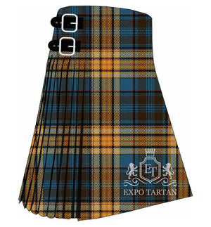 Men's Dunbarton Ancient Tartan Kilt showing traditional knife pleats and black leather side straps in a vibrant blue and golden-yellow sett, intricately intersected by brown and grey overcheck
