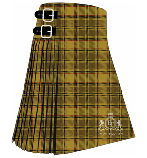 Men's Dunbarton Tartan Kilt showing traditional knife pleats and black leather side straps in a warm mustard-yellow and olive-brown sett, intricately intersected by dark black and subtle red overcheck