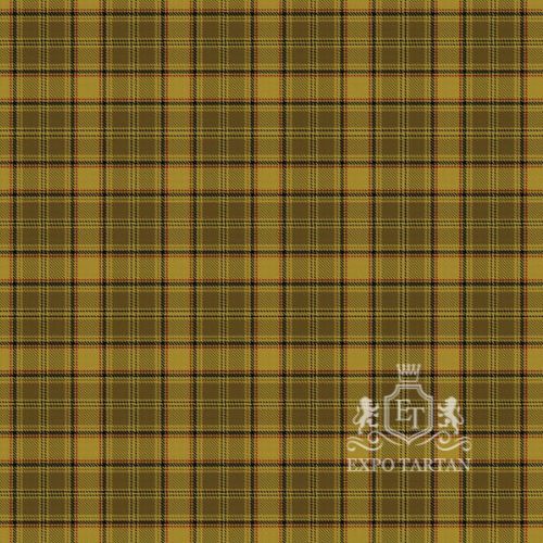 Men's Dunbarton Swatch showing a warm mustard-yellow and olive-brown sett, intricately intersected by dark black and subtle red overcheck