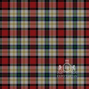 Men's Dundee Dress Swatch showing a vibrant red and light grey sett, intricately intersected by dark green, navy blue, and yellow-gold overcheck