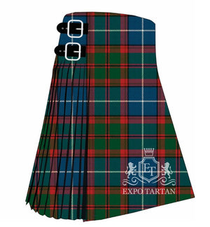 Men's Dunedin Florida Tartan Kilt showing traditional knife pleats and black leather side straps in a rich forest green, deep blue, and crimson red sett, intricately intersected by crisp white and dark overcheck