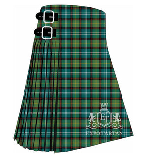 Men's Dunedin New Zealand Tartan Kilt showing traditional knife pleats and black leather side straps in a rich forest green and olive green sett, intricately intersected by crisp white, golden-yellow, and red overcheck