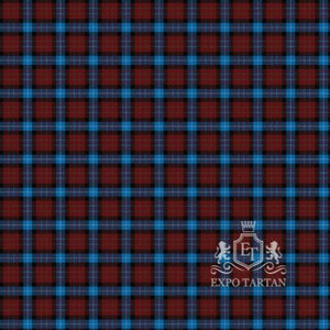 Men's Dunfermline Swatch showing a deep maroon red and vibrant blue sett, intricately intersected by black bands and crisp white overcheck
