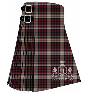 Men's Dunkeld Tartan Kilt showing traditional knife pleats and black leather side straps in a deep maroon red, black, and light grey sett, intricately intersected by olive-brown and crisp white overcheck