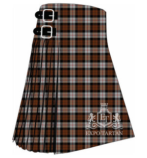 Men's Dutch Dress Tartan Kilt showing traditional knife pleats and black leather side straps in a warm rust-brown, deep black, and light grey sett, intricately intersected by subtle crimson red overcheck