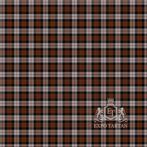 Men's Dutch Dress Swatch showing a warm rust-brown, deep black, and light grey sett, intricately intersected by subtle crimson red overcheck