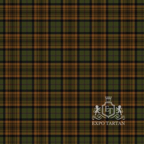 Men's Dutch Friendship Swatch showing a warm amber-brown, earthy olive green, and deep black sett, intricately intersected by subtle crimson red overcheck