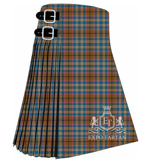 Men's Edinburgh 900 Tartan Kilt showing traditional knife pleats and black leather side straps in a warm amber-brown, vibrant teal-blue, and rose-pink sett, intricately intersected by golden-tan, white, and black overcheck