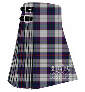 Men's Edinburgh Dress Tartan Kilt showing traditional knife pleats and black leather side straps in a light grey, deep navy blue, and rich purple sett, intricately intersected by crisp white and subtle red overcheck