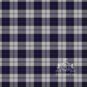 Men's Edinburgh Dress Swatch showing a light grey, deep navy blue, and rich purple sett, intricately intersected by crisp white and subtle red overcheck