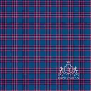 Men's Edinburgh Festival Swatch showing a vibrant turquoise-blue, rich purple, and magenta-pink sett, intricately intersected by crisp white and dark navy overcheck