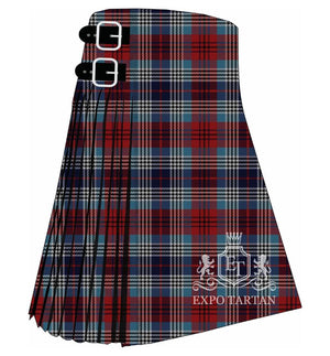 Men's Edinburgh Military Tattoo Tartan Kilt showing traditional knife pleats and black leather side straps in a vibrant crimson red, deep navy blue, and slate grey sett, intricately intersected by crisp white overcheck