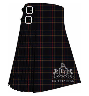 Men's Edinburgh and Lothian Tourist Board Tartan Kilt showing traditional knife pleats and black leather side straps in a deep black and dark navy blue sett, intricately intersected by crimson red and golden-yellow overcheck