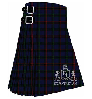 Men's Eglinton Tournament Tartan Kilt showing traditional knife pleats and black leather side straps in a deep navy blue and dark forest green sett, intricately intersected by vibrant crimson red overcheck