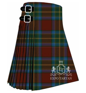 Men's Ellis Island Tartan Kilt showing traditional knife pleats and black leather side straps in a rich rust-brown, deep forest green, and vibrant royal blue sett, intricately intersected by muted purple, crisp white, and golden-yellow overcheck