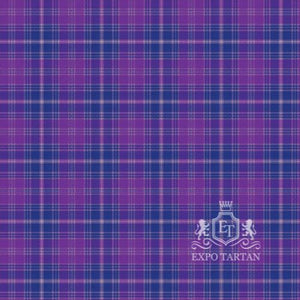 Men's Epilepsy Swatch showing a vibrant royal purple and rich cobalt blue sett, intricately intersected by soft lavender, magenta-pink, and crisp white overcheck