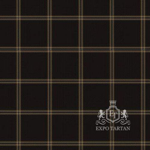 Men's Eternity Swatch showing a deep espresso-black sett, intricately intersected by warm golden-tan and subtle slate-grey overcheck