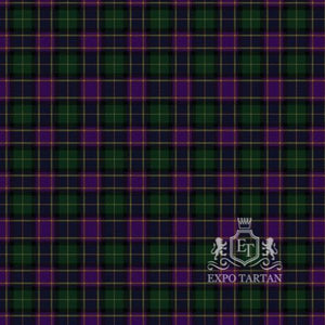 Men's Experience Scotland Swatch showing a vibrant royal purple and deep forest green sett, intricately intersected by dark navy blue and warm golden-yellow overcheck