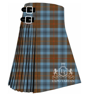 Men's Falkirk Tartan Kilt showing traditional knife pleats and black leather side straps in a warm camel-brown, sky blue, and deep navy blue sett, intricately intersected by crimson red and crisp white overcheck