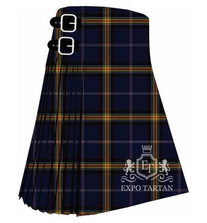 Men's Falkirk County Tartan Kilt showing traditional knife pleats and black leather side straps in a deep navy blue and rich black sett, intricately intersected by crimson red, golden-yellow, and crisp white overcheck