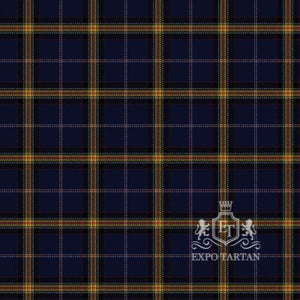 Men's Falkirk County Swatch showing a deep navy blue and rich black sett, intricately intersected by crimson red, golden-yellow, and crisp white overcheck