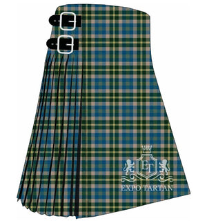Men's Feis Ile Tartan Kilt showing traditional knife pleats and black leather side straps in a vibrant blue, forest green, and warm beige sett, intricately intersected by golden-yellow and dark charcoal overcheck
