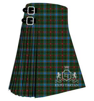 Men's Festival Celtes et Cie Tartan Kilt showing traditional knife pleats and black leather side straps in a deep forest green and rich navy blue sett, intricately intersected by vibrant sky blue, crimson red, and crisp white overcheck