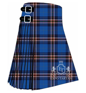 Men's Festival Interceltico de Aviles Tartan Kilt showing traditional knife pleats and black leather side straps in a vibrant sky blue, rich royal blue, and deep navy blue sett, intricately intersected by crimson red, forest green, and crisp white overcheck