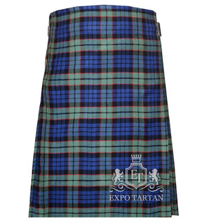 Men's Fletcher Tartan Kilt showing traditional knife pleats and black leather side straps in a vibrant blue and green sett, intricately intersected by solid black bands and striking red overcheck