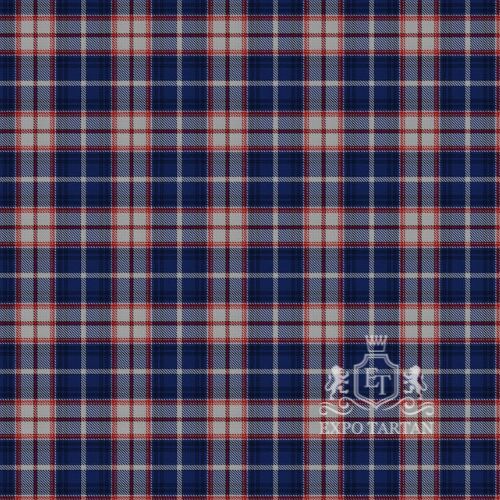 Men's Florida Swatch showing a vibrant royal blue, soft heather grey, and deep navy blue sett, intricately intersected by crimson red and crisp white overcheck