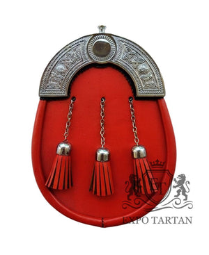 Full Dress Sporran Red Leather Silver Chrome Celtic Cantle