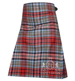 Men's Gordon Red Ancient Tartan Kilt showing traditional knife pleats and black leather side straps in a historic red and grey-green sett, intricately intersected by black bands and light blue overchecks