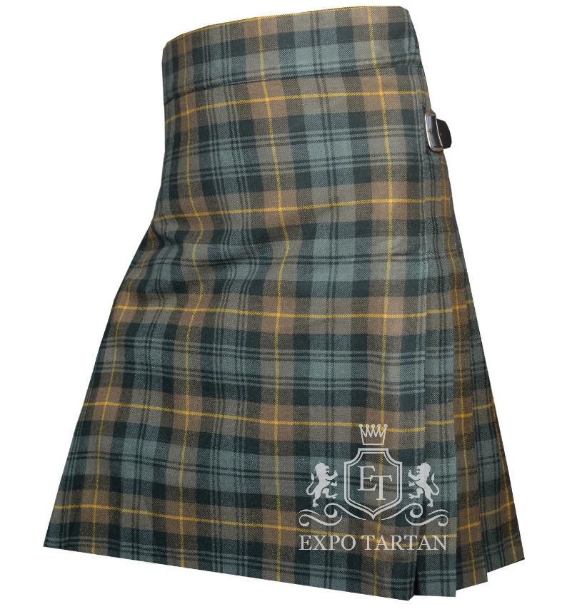 Men's Gordon Weathered Tartan Kilt showing traditional knife pleats and black leather side straps in a rustic slate grey and brown sett, intricately intersected by dark charcoal bands and yellow overchecks