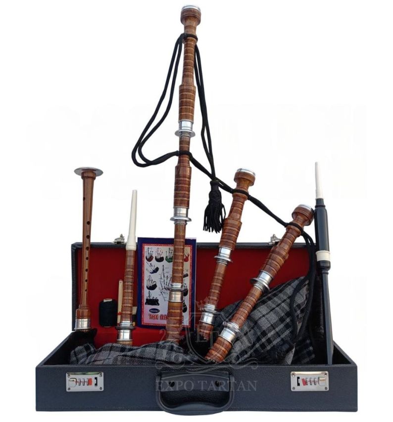 Gray Watch Tartan Bagpipe Set Brown & Silver Finish With Hard Case