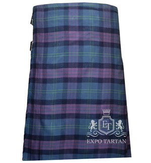 Men's Great Scott Tartan Kilt showing traditional knife pleats and black leather side straps in a vibrant blue and purple sett, intricately intersected by dark navy bands and bright green overchecks.