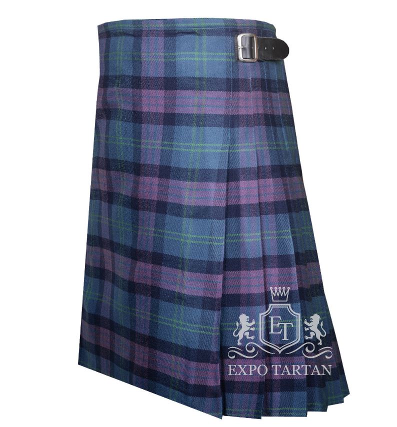 Men's Great Scott Tartan Kilt showing traditional knife pleats and black leather side straps in a vibrant blue and purple sett, intricately intersected by dark navy bands and bright green overchecks.
