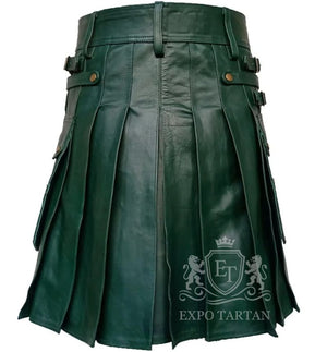 Green Cowhide Leather Utility Kilt With Front Sporran Scottish Highland Wear