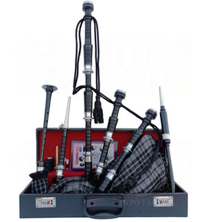 Grey Watch Tartan Black With Silver Finish Bagpipe Set With Hard Case