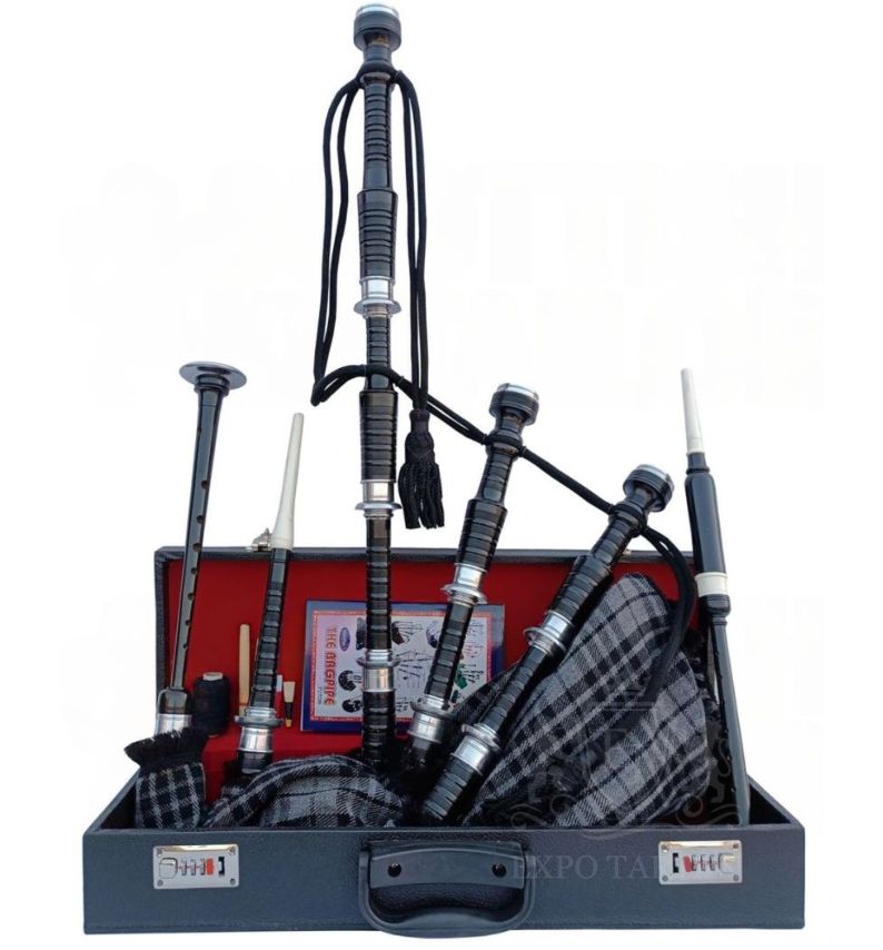 Grey Watch Tartan Black With Silver Finish Bagpipe Set With Hard Case
