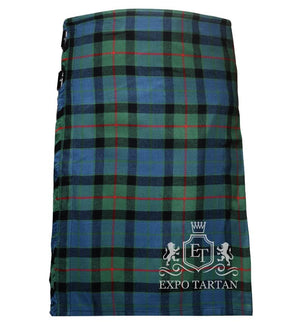 Men's Gunn Ancient Tartan Kilt showing traditional knife pleats and black leather side straps in a blue and green sett, intricately intersected by black bands and a red overcheck