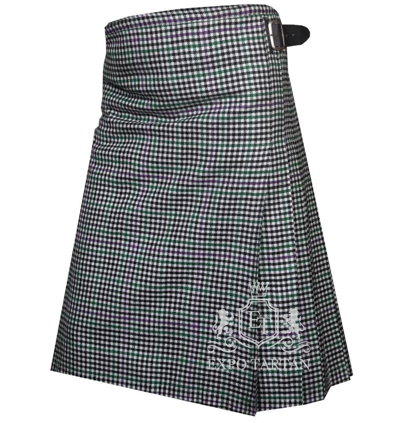 Men's Halliday Tartan Kilt showing traditional knife pleats and black leather side straps in a classic black and white check pattern, intricately intersected by subtle green and purple overchecks