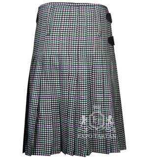Men's Halliday Tartan Kilt showing traditional knife pleats and black leather side straps in a classic black and white check pattern, intricately intersected by subtle green and purple overchecks