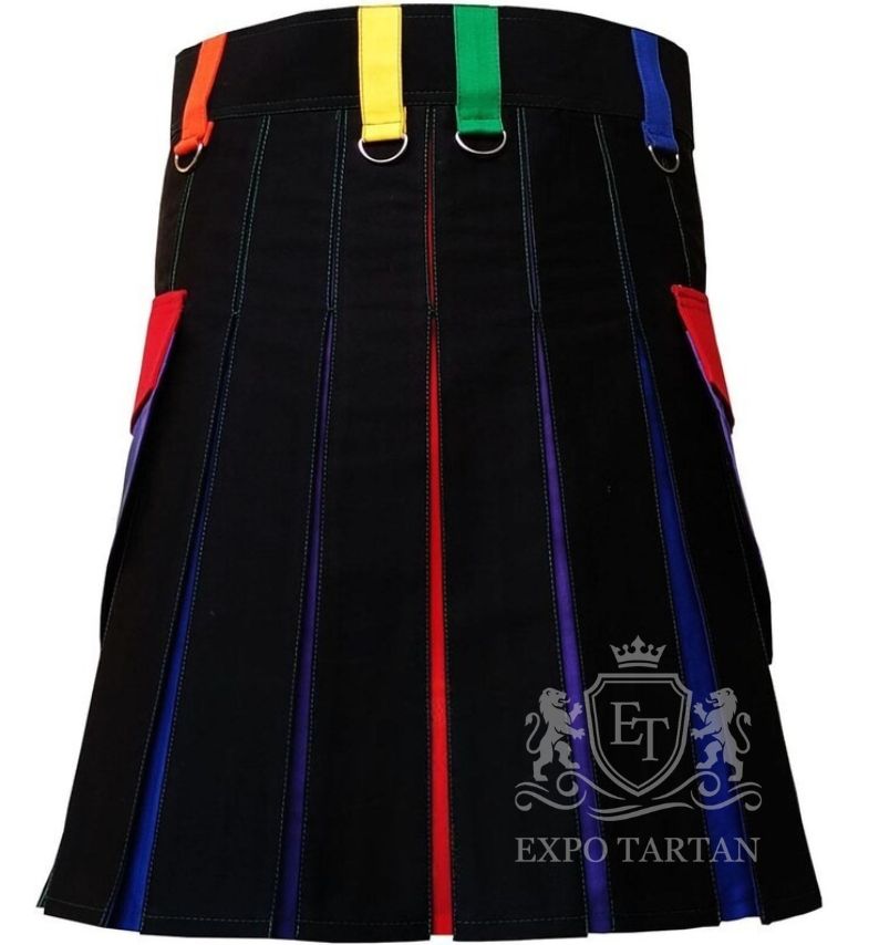 Handmade Black Cotton Utility Kilt Rainbow Pleated Pride Wear