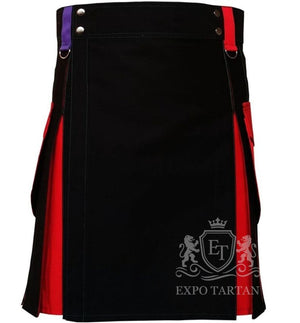 Handmade Black Cotton Utility Kilt Rainbow Pleated Pride Wear