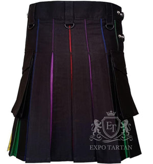 Handmade Black Hybrid Utility Kilt — Rainbow Pleats Pride Fashion | Expo Tartan