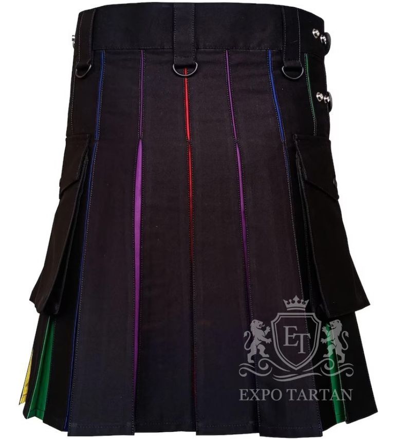 Handmade Black Hybrid Utility Kilt — Rainbow Pleats Pride Fashion | Expo Tartan
